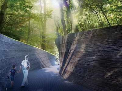 Tranquil Garden Landscape With Curved Stone Walls Pathway Sunlit Forest And People Walking 3d model
