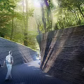 Tranquil Garden Landscape With Curved Stone Walls Pathway Sunlit Forest And People Walking