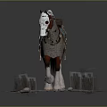 Brown White Horse With Decorative Saddle Blue Blanket Standing On Snowy Ground Dry Grass