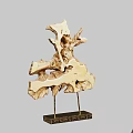 Artistic Decorative Ornament Set Featuring Wooden Abstract Sculpture on Black Metal Stand