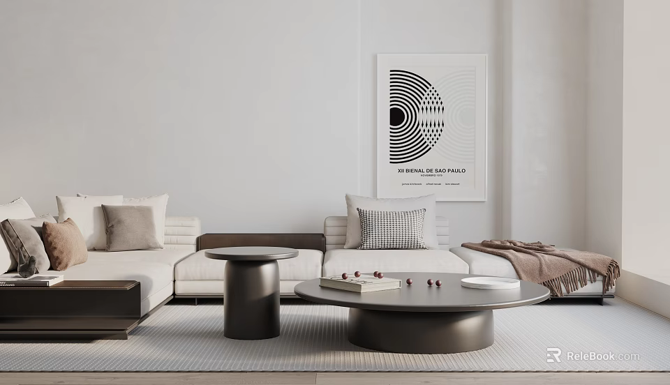 Light Sofa And Black Round Coffee Table Set With Decorative Wall Art In Modern Living Room 3d model 