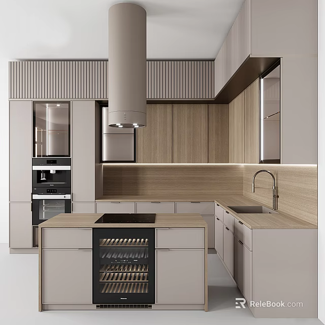 Elegant Modern Kitchen Interior With Wooden Cabinets Island And Appliances 3d model 