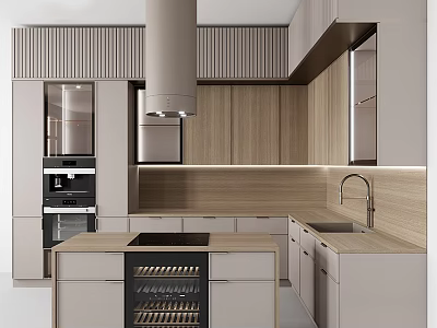 Elegant Modern Kitchen Interior With Wooden Cabinets Island And Appliances 3d model