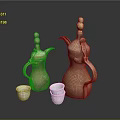 Decorative Ceramic Vessels Large Copper Pitchers and Small White Patterned Cups with Glossy Surface 3d model