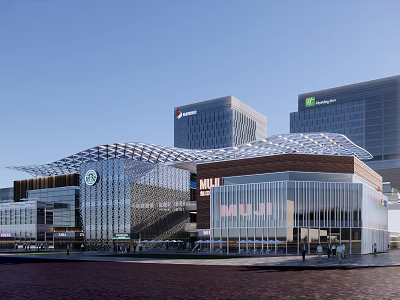 Modern Shopping Mall Architecture With Glass Curtain Wall Grid Roof And High Rise Background 3d model