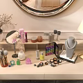 Modern Luxury Cloakroom With Round Mirror Dressing Table Blue Chair Green Plant Bookshelf and Decorations