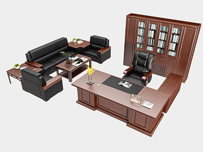 Executive Office Desk with Black Leather Chair Wooden Bookshelf Sofa Coffee Table and Potted Plant 3d model