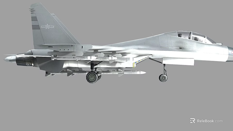 Silver Fighter Jet With Extended Landing Gear And Missiles On Gray Background 3d model 