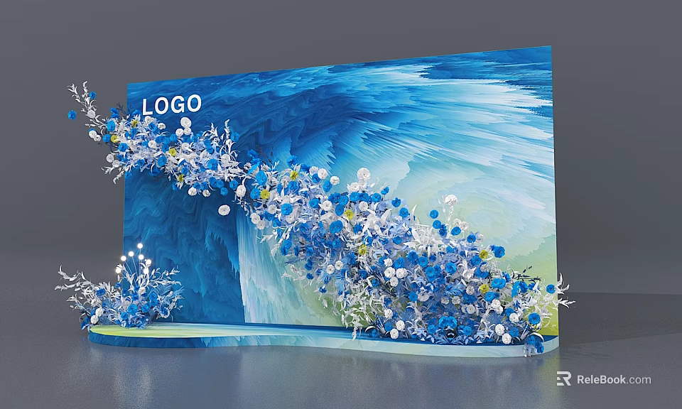 Artistic Floral Display With Blue Background And White Blue Flower Decorations 3d model 