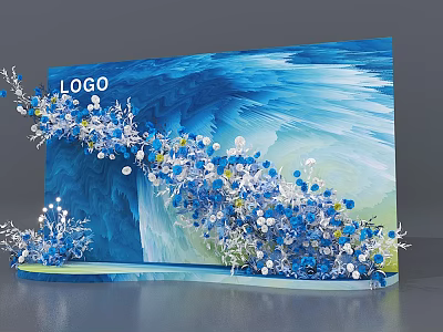 Artistic Floral Display With Blue Background And White Blue Flower Decorations 3d model