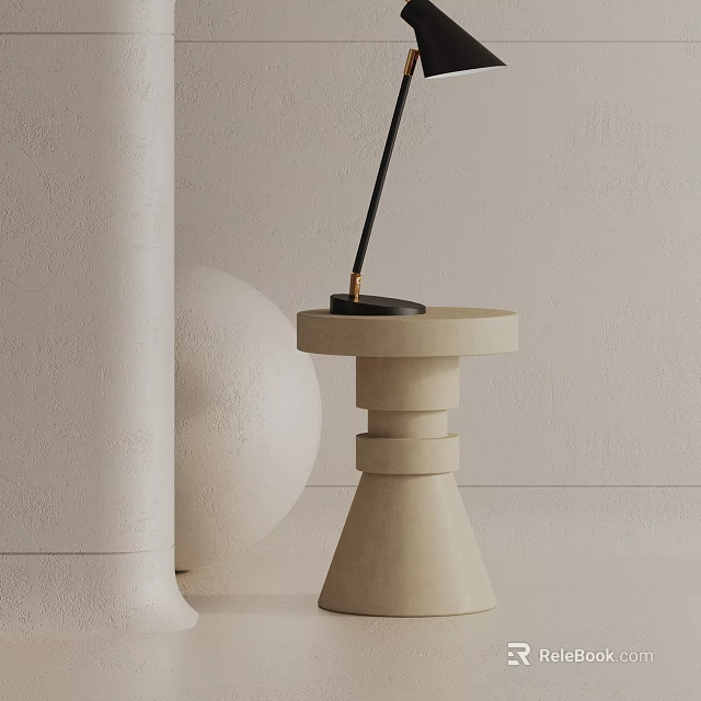 Minimalist Modern Side Table With Layered Cylindrical Base And Black Decorative Lamp 3d model 