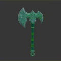 Teal Fantasy Axe With Intricate Carvings Decorative Handle Symmetric Blade And Ornamental Ring Base