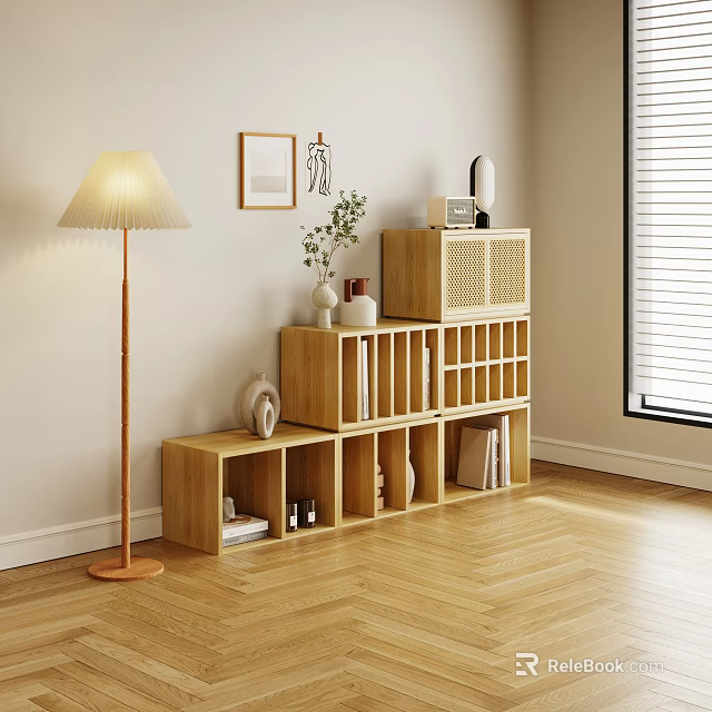 Wooden Bookcase Interior With Open Shelves Floor Lamp Decorative Plant And Wall Art 3d model 