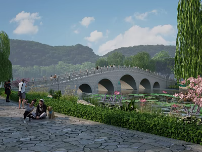 Scenic Stone Arch Bridge With Mountain View Lush Trees Lotus Pond People Walking Relaxing Nearby 3d model