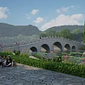 Scenic Stone Arch Bridge With Mountain View Lush Trees Lotus Pond People Walking Relaxing Nearby