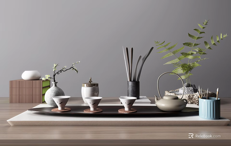 Elegant Tea Set with Teapot Cups and Wooden Tray Decorated by Green Plants 3d model 