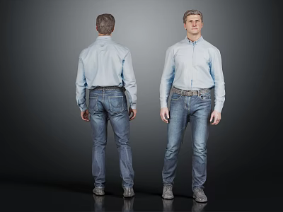 Man Wearing Light Blue Shirt And Blue Jeans Front And Back Views On Gray Background 3d model