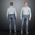 Man Wearing Light Blue Shirt And Blue Jeans Front And Back Views On Gray Background