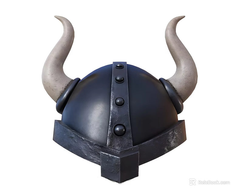 Black Medieval Style Helmet with Gray Horns Metal Rivets and Decorative Rim 3d model 