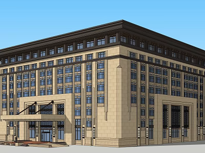 Classical Multi Story Building Featuring Stone Facade Dark Roof And Entrance Portico 3d model