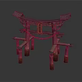 Traditional Japanese Torii Gate Wooden Structure With Curved Lintel And Stone Bases