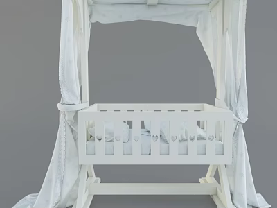 White Wooden Baby Crib With Delicate Flowing Canopy And Railings 3d model