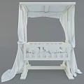 White Wooden Baby Crib With Delicate Flowing Canopy And Railings