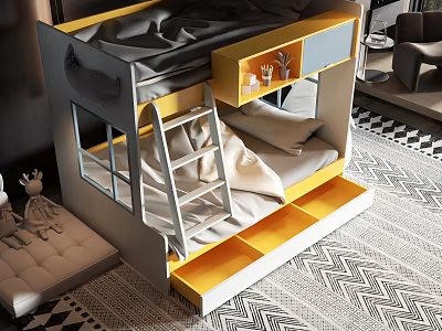 Modern Bunk Bed With Yellow Gray Design Ladder Storage Drawers And Shelves 3d model