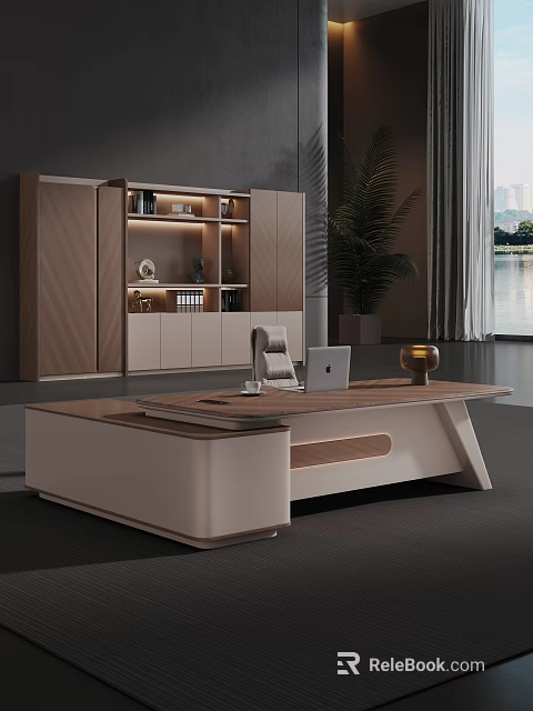 Modern Office Desk with Laptop Lamp Decorations Cabinet with Bookshelf Near Plant and Window View 3d model 