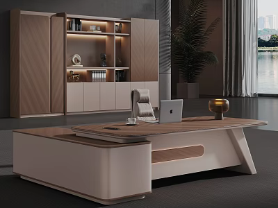 Modern Office Desk with Laptop Lamp Decorations Cabinet with Bookshelf Near Plant and Window View 3d model