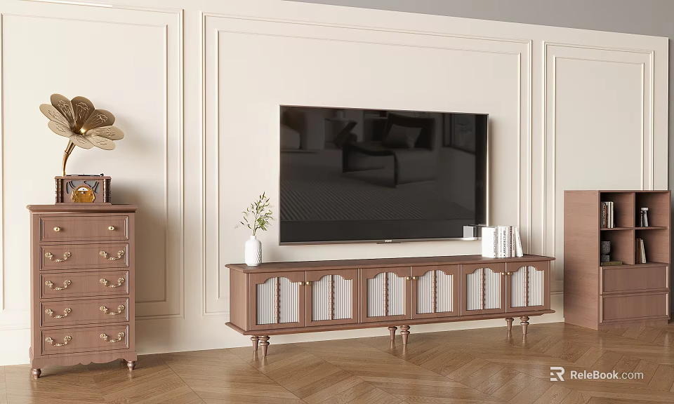 Light Colored Paneled TV Wall With Wooden Stand Glass Doors And Herringbone Floor 3d model 
