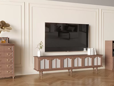 Light Colored Paneled TV Wall With Wooden Stand Glass Doors And Herringbone Floor 3d model