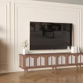 Light Colored Paneled TV Wall With Wooden Stand Glass Doors And Herringbone Floor