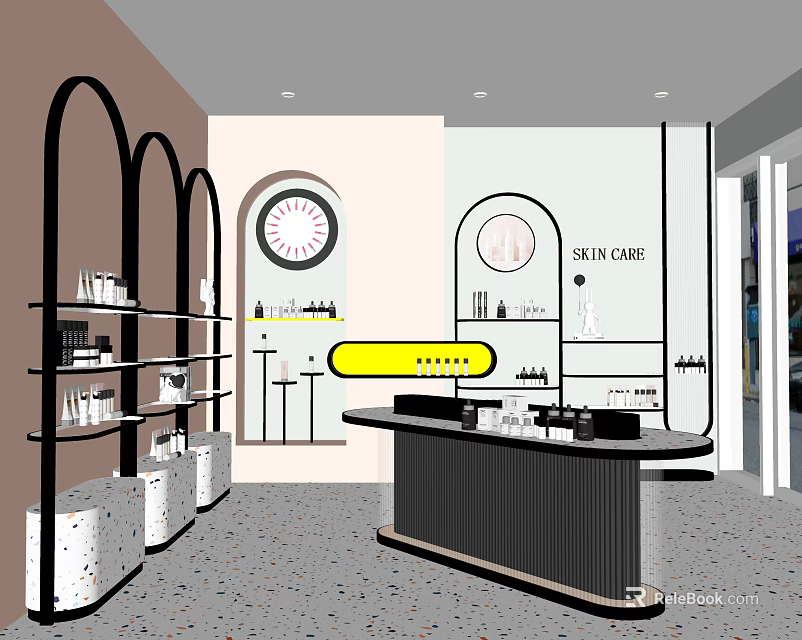 Beauty Specialty Store With Arched Shelves Central Counter And Decorative Clock Displaying Products 3d model 