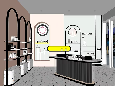 Beauty Specialty Store With Arched Shelves Central Counter And Decorative Clock Displaying Products 3d model