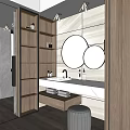 Modern Bathroom Interior Design With Open Wooden Shelves Round Mirrors And Glass Door