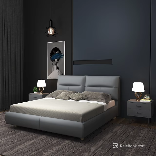 Gray Upholstered Double Bed With Nightstands Table Lamps And Wall Art 3d model