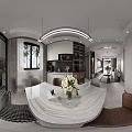 Elegant Modern Living and Dining Room Interior With Chandelier Sofa Dining Table And Decorative Wall