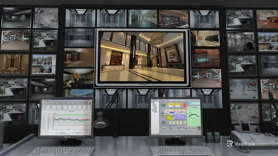 Computer Workstation With Multiple Monitors Display Wall Design Software And Charts 3d model 