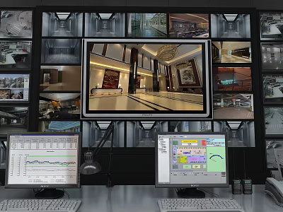 Computer Workstation With Multiple Monitors Display Wall Design Software And Charts 3d model