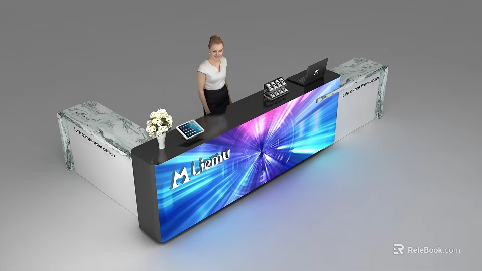 Modern Reception Desk With Illuminated Panel Lemi Logo Tablet Laptop And Flower Vase 3d model 