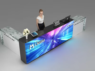 Modern Reception Desk With Illuminated Panel Lemi Logo Tablet Laptop And Flower Vase 3d model
