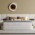 White Upholstered Double Bed With Brown White Pillows Bedside Tables Round Mirror Striped Rug