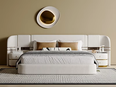 White Upholstered Double Bed With Brown White Pillows Bedside Tables Round Mirror Striped Rug 3d model