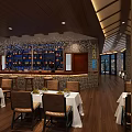 Stylish Restaurant Interior With Wooden Flooring Dining Tables White Tablecloths And City View Windows