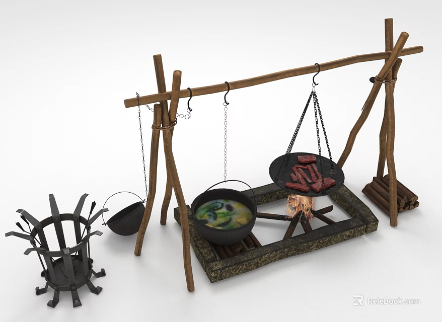 Traditional Outdoor Cooking Setup With Wooden Frame Hanging Pots Simmering Soup And Grilled Meat 3d model 