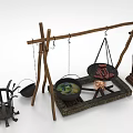 Traditional Outdoor Cooking Setup With Wooden Frame Hanging Pots Simmering Soup And Grilled Meat