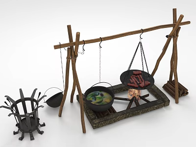 Traditional Outdoor Cooking Setup With Wooden Frame Hanging Pots Simmering Soup And Grilled Meat 3d model