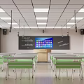 School Classroom Interior with Smart Electronic Blackboard Green Desks and Ceiling Lights 3d model
