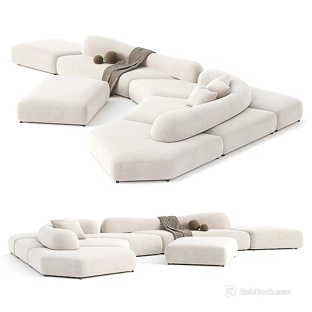 Modern Beige Fabric Modular Sectional Sofa With Cushions And Throw Blanket 3d model